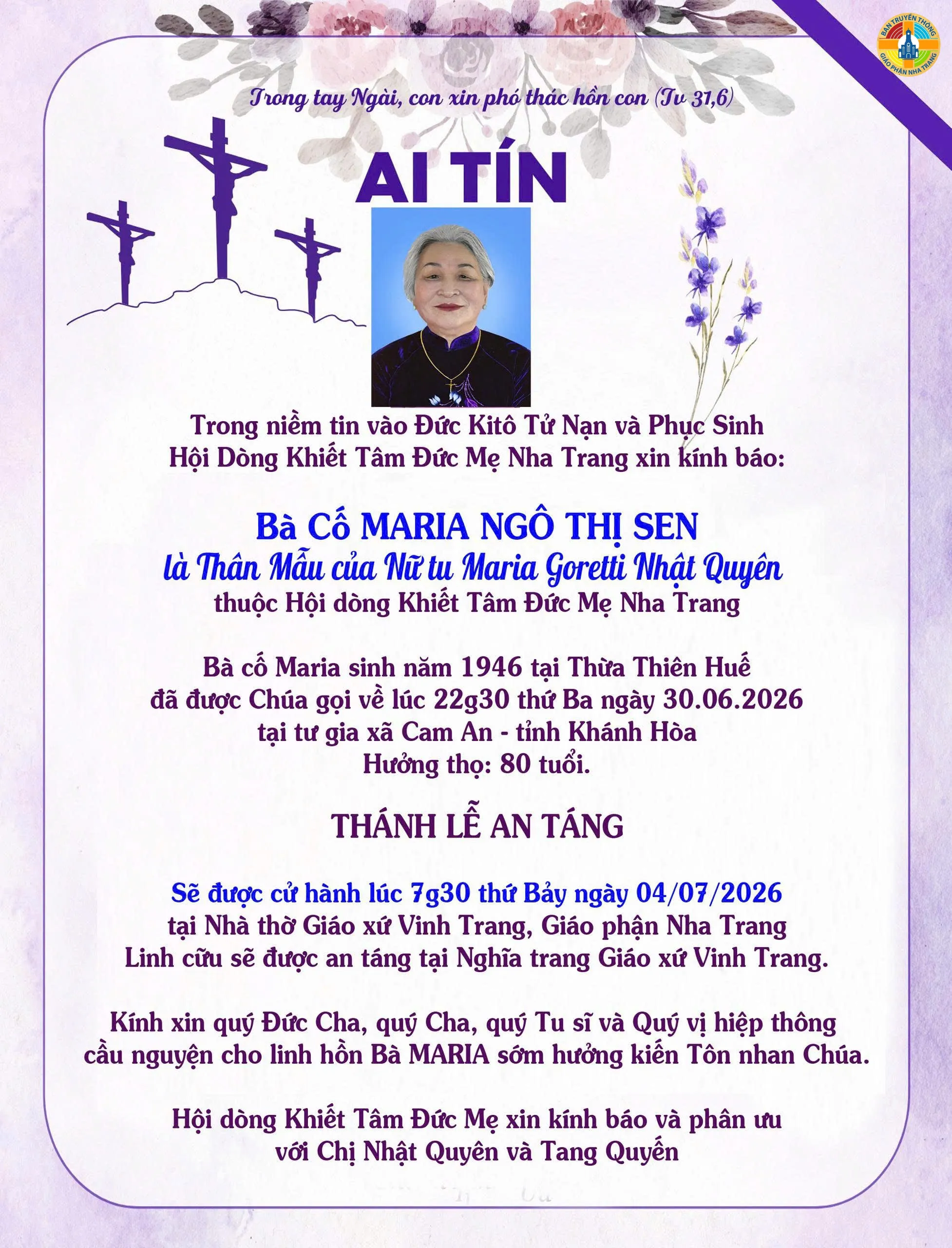 AI TÍN: Bà cố Maria - thân mẫu Sr Nhật Quyên - Dòng Khiết Tâm Đức Mẹ