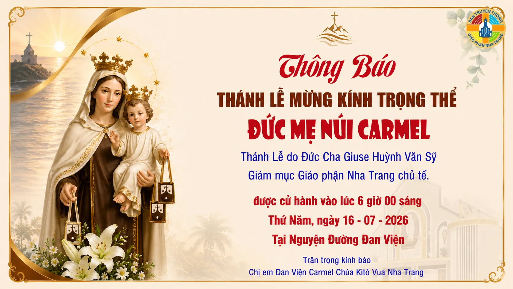 Thông Báo THÁNH LỄ MỪNG KÍNH TRỌNG THỂ ĐỨC MẸ NÚI CARMEL
